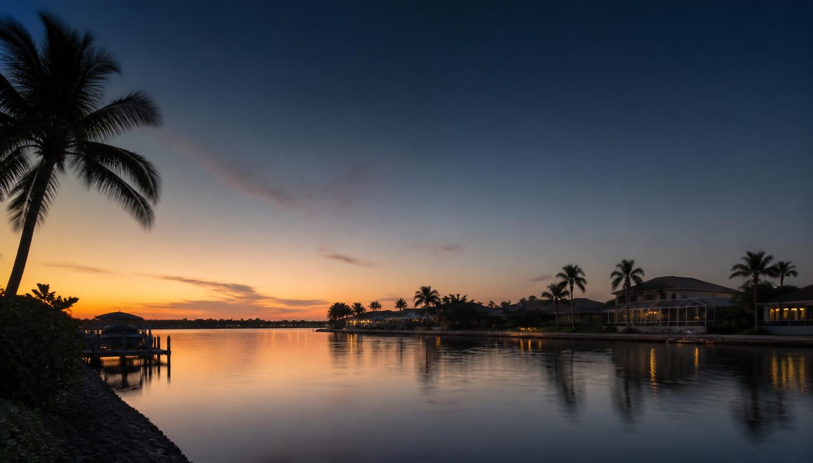 Southwest Florida waterway at dusk with palm silhouettes and screened waterfront homes