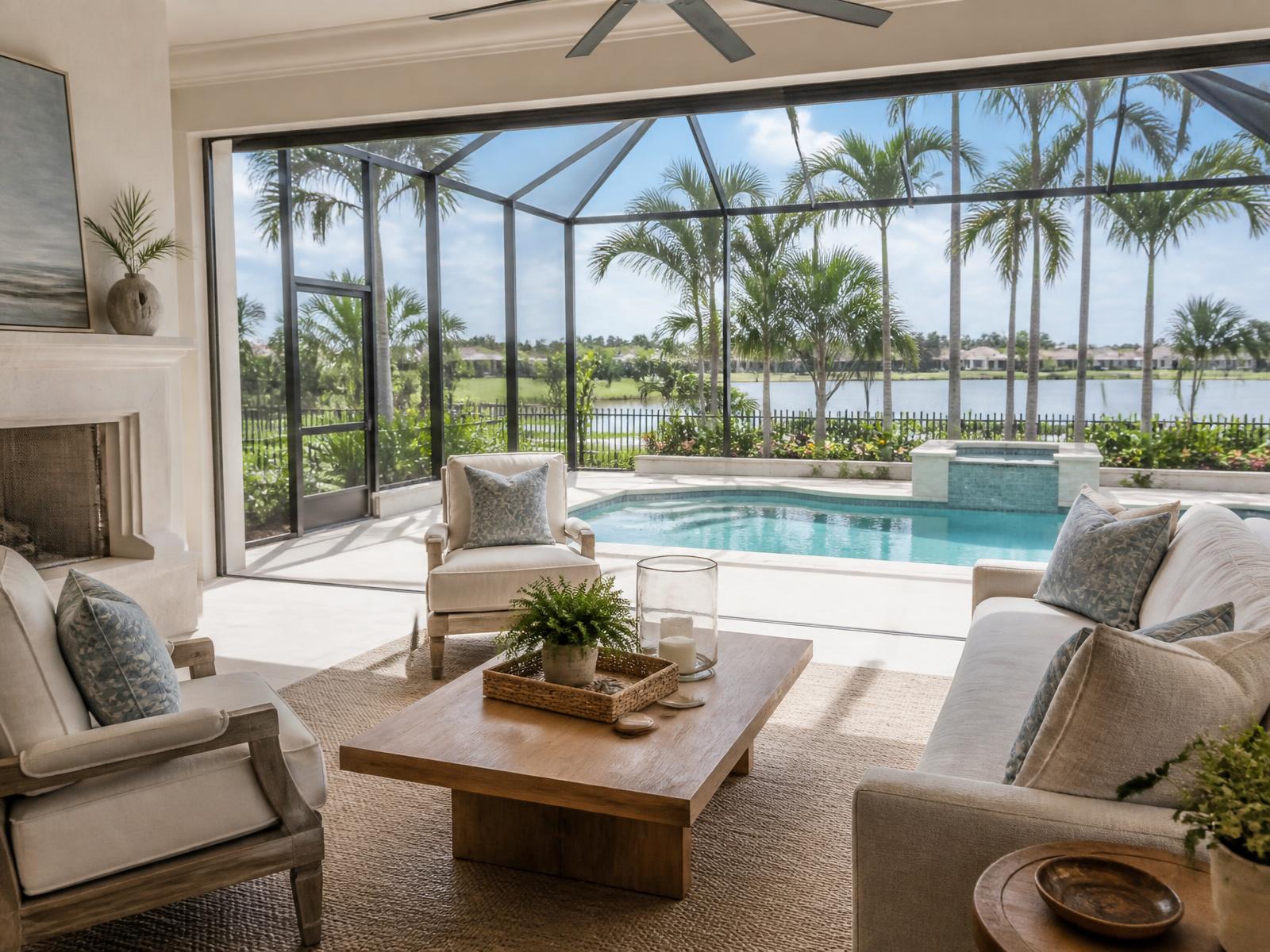 Screened lanai with neutral outdoor furniture overlooking a pool and water view